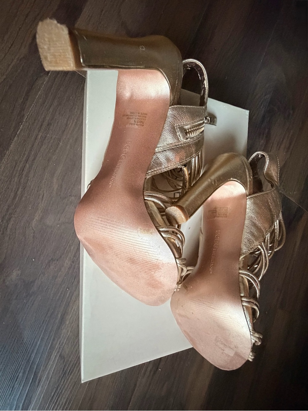 BCBGen Gold Strappy 4" High Heels - Picture 5 of 9